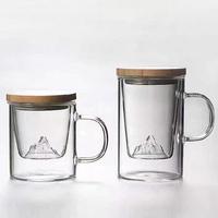 Gobelet en verre pour tasse à café et thé Couvercle en bambou avec infuseur en forme de montagne enneigée 3D