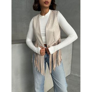 Chaleco Elegante de Gamuza con Borlas de Piedras para Mujer Topshow, Diseño con Dobladillo Caído, Color Liso, Sin Mangas, Prenda Exterior Informal - Product Image 4