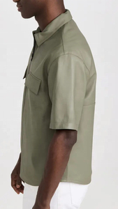 Fabricant OEM Logo personnalisé chemise en cuir manches courtes surdimensionné décontracté poitrine poche en cuir PU fermeture éclair chemises veste pour hommes - Product Image 5