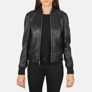 Chaqueta Bomber de Cuero Genuino Negro para Mujer, Transpirable, con Cuello Mao, Cierre de Cremallera, Estilo Universitario, Informal, para Otoño e Invierno, Prenda Exterior de Algodón - Product Image 1