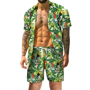 Streetwear décontracté hommes printemps été plage tricoté solide boutonné à manches courtes chemise imprimé ensemble short - Product Image 1