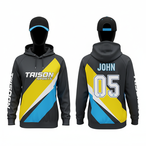 Sweat à capuche d'entraînement de football pour femmes, 280 GSM, polaire polyester, noir avec empiècements jaunes, blancs et bleus, design par sublimation, logo personnalisé - Product Image 1
