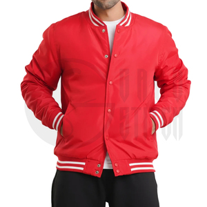 Men's <b>Red</b> Varsity <b>Jacket</b> Solid Color PU Material Stand Collar <b>Waterproof</b> Button Closure Regular Fit Winter Wear Front Logo - Product Image 3