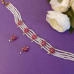 Joyería de moda chapada en oro rosa CZ piedra perla nupcial boda Collar gargantilla collar pendientes conjunto para mujer - Product Image 2