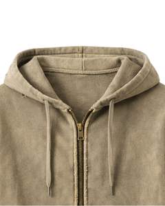 Sudadera con Capucha y Cremallera Color Caqui Lavado para Mujer, Estilo Urbano Desgastado, Bordado de Telaraña, Chaqueta con Capucha de Algodón y Felpa, Personalizada - Product Image 4