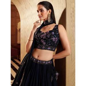 Lehenga Choli en Georgette Bleu Marine avec Broderie de Fil Exquise pour les Occasions de Mariage - Product Image 1