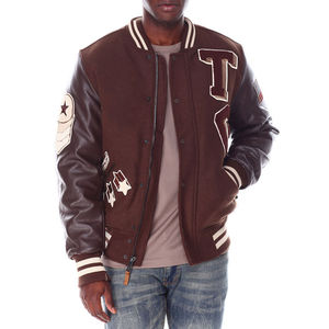 Blouson universitaire décontracté de haute qualité, enduit, avec manches en coton et patchs brodés en chenille personnalisés, coupe-vent, respirant, col montant - Product Image 1