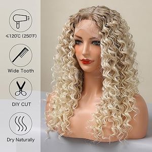Peluca de Cabello Sintético Resistente al Calor DWY, Larga y Rizada, Rubia, con Frente de Encaje Transparente y Estilo Jerry Curl - Product Image 3