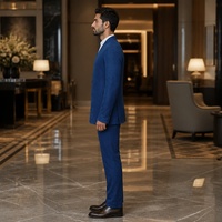 Costume homme bleu cobalt sans col, col en V, fermetures à nœuds, poches latérales, style chinois, costumes d'affaires pour hommes, sur mesure MTM