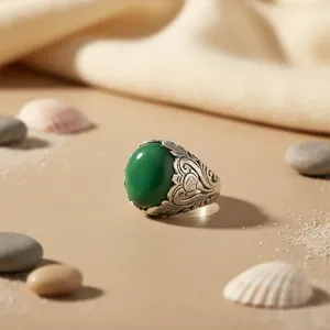 925 Sterling Silver <b>Jade</b> <b>Ring</b> Bezel Setting Classic Style Plant Pattern Unisex Gemstone <b>Ring</b> Everyday Wear - Product Image 2