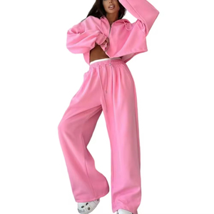 Ensemble 2 pièces zippé de haute qualité en coton 100% délavé à l'acide, brodé, déchiré, en maille et dentelle, avec sweat à capuche court et pantalon de jogging, motif 3D en relief personnalisé - Product Image 4