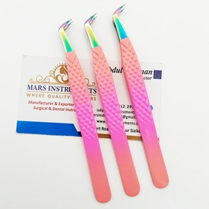Pinzas de extensión de pestañas con mango de agarre de diamante de punta de arcoíris degradado rosa de 65 grados de acero inoxidable japonés profesional personalizadas - Product Image 6