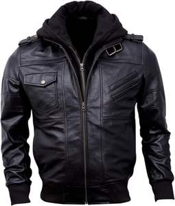 Blouson bombardier à capuche noir véritable pour homme en cuir d'agneau véritable ciré marron avec capuche amovible Saison d'hiver - Product Image 2