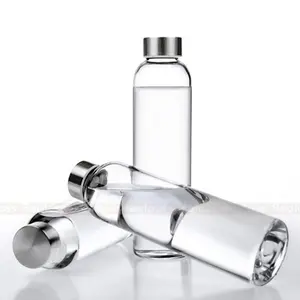 Botol air kaca dengan lengan, botol jus, botol isi ulang dapat digunakan kembali untuk jus, botol kaca dengan tutup