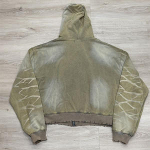 Wholesale Custom <b>Men</b> Acid Wash Zip Up <b>Hoodie</b> Distressed Ripped Streetwear Embroidery Heavyweight OEM ODM - Product Image 2