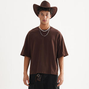 T-shirt court épais à épaules tombantes en coton tricoté de couleur unie et surdimensionné avec logo personnalisé pour hommes - Product Image 5