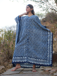 Caftán ecológico de algodón 100%, estampado elegante, elegante, con borde azul, estampado a mano, cómodo caftán informal de longitud media - Product Image 4