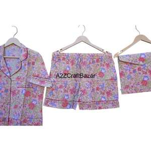 Ensemble de pyjama court pour femmes, 100% coton pur, imprimé floral indien romantique, respirant, col en V, fermeture à cordon, doux - Product Image 4