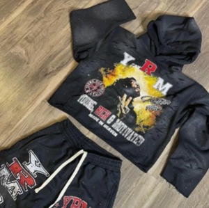 Custom <b>Men's</b> Cropped Vintage Distressed Sweat Suits Streetwear Acid Wash Sun Faded 2-Piece Set Printed Rhinestone Winter Vintage - Product Image 2