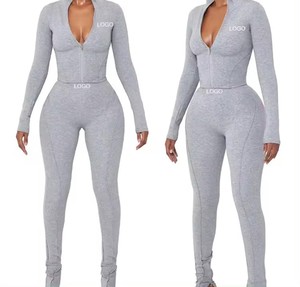 OEM personalizado de las mujeres Zip Up Rib Knit Lounge Wear chándales chaqueta de manga larga Leggings joggger yoga casual 2 Conjunto de dos piezas - Product Image 2