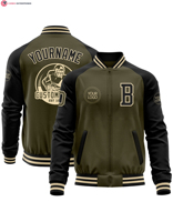 Maßgefertigte Marineblaue Vintage USA-Flagge Kastanienbraune Bomber-Varsity-Letterman-Jacke Zweifarbige Knopfleiste Stehkragen Stickerei 100% Baumwolle