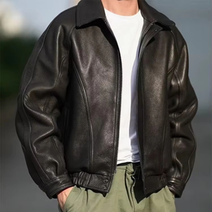 Chaqueta Bomber con Capucha de Cuero Vacuno Negro, Estilo Cool de Invierno para Hombre, con Cremallera, Diseño 3D de Oveja, Estilo Americano Vintage de Lujo - Product Image 1