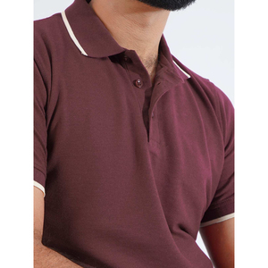 Men's Solid Color Short Sleeve Polo <b>Shirt</b> Cotton Knitted Casual Wear Maroon with White Trim Collar and Cuffs - Product Image 3