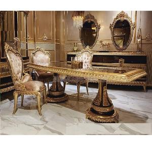 Ensemble de table à manger royale sculptée à la main finition dorée ensemble de table à manger à l'aspect français 6 places ensemble de meubles de salle à manger de style majestueux - Product Image 1