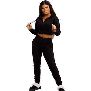 AASTANA WEARS INC Custom <b>Black</b> <b>Women's</b> 2-Piece Fleece Tracksuit Set <b>Zip</b> Front Cropped <b>Hoodie</b> Sweatpants Quick Dry Breathable - Product Image 1