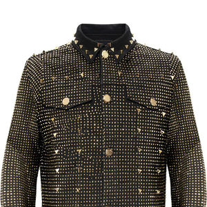 แจ็กเก็ตยีนส์พลอยเทียมสำหรับผู้ชายสไตล์สตรีทคุณภาพสูงผ้าคอตตอน100% พลอยเทียมติดโลโก้ด้านหน้า - Product Image 2