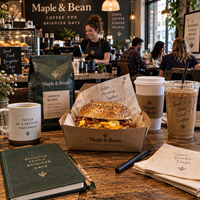 AT PACK Fournitures personnalisées pour cafés avec des sachets de café de 250 g, des gobelets en papier de 8 oz et 12 oz, des gobelets en PET de 16 oz et des emballages alimentaires