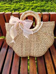 Reused Eco-Friendly Water Hyacinth <b>Storage</b> <b>Basket</b> with Handles Bohemian Style Rectangle Shape for Beach Use - Product Image 5