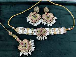 Conjunto de Joyería Tradicional India de Último Diseño, Collar, Pendientes Maang Tikka para Boda, Gargantilla de Plata con Diamantes - Product Image 3