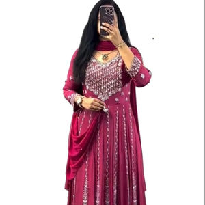 Wonderful Color/ Multi Sequence Work Long Length Pure Chinon <b>Silk</b> Summer Comfort Elegant Lady Party Gowns With Dupatta Set - Product Image 1
