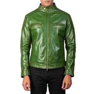 Veste de motard en cuir véritable de mouton vert pour homme avec fermeture éclair, doublure en viscose matelassée et poches intérieures et extérieures. - Product Image 1