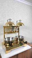 Plat à réchaud suspendu avec couvercle, finition or luxueuse |   Serveur de buffet en acier inoxydable de 6 litres |   Exportateur indien pour les restaurants et les banquets