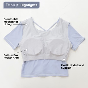 Haut de yoga personnalisé pour femme à manches courtes et dos croisé avec coussinets de soutien-gorge intégrés, crop top respirant en Spandex et Nylon pour Pilates et Fitness - Product Image 4