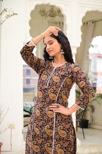 Salwar Kameez long en coton à imprimé floral noir pour femmes, kurta droit avec pantalon, fête, été - Product Image 6