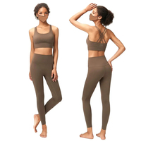 Pakaian Olahraga Wanita Gym Fitness Set 2 Potong Warna Solid Logo Depan Pinggang Elastis Pinggang Tinggi Bernapas Anti-Bakteri