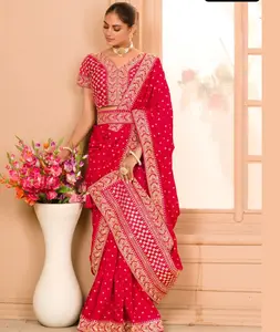 Indian and Pakistani Wedding Wear Saree with Banglory Silk with Embroidery Work Lace Border Blouse Cheap Price Indian Dress