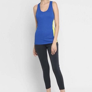 Débardeur pour femme, bleu et jaune, à blocs de couleur, col rond, respirant, tricoté, style sportif - Product Image 6