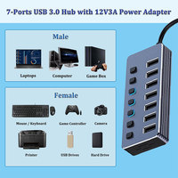 USB C Hub 7 puertos USB3.0 Splitter con interruptor individual de apagado/encendido Indicador LED para PC de escritorio Laptop Extensor de puertos USB