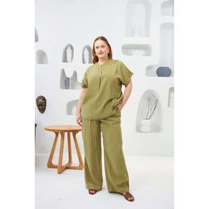 만다린 칼라 플러스 사이즈 블라우스 올리브 - Product Image 5