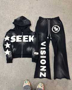 Conjunto de Sudadera con Capucha y Pantalones Deportivos con Parches Desgastados Personalizados, Estilo Vintage, Lavado Ácido, Cierre de Cremallera, Corte Recto y Ajustado para Hombre - Product Image 1