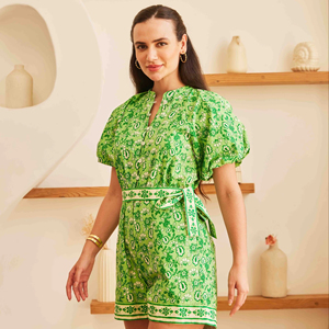 Vestido Mini de Algodón Suave con Estampado de Roble, Vestido Casual con Escote Fruncido a Mano y Cinturón Elegante, Tejido Natural Ecológico - Product Image 1