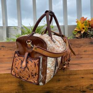 Main usiné et cheveux sur cuir de vachette grand sac polochon en cuir véritable sac à bagages de nuit voyage sacs de week-end pour unisexe - Product Image 4