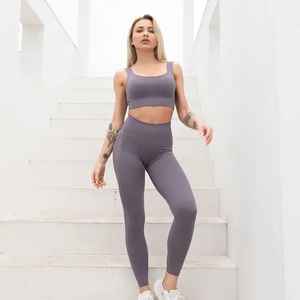 Conjunto Deportivo de Dos Piezas para Mujer, Color Sólido, Sin Tirantes, Sujetador Deportivo y Leggings para Yoga, Logotipo Frontal, Antibacteriano, Spandex/Nailon - Product Image 3