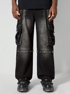 Pierna recta de alta calidad para hombre, holgada, diseño multibolsillo, negro, gris, cadena lavada, cuentas de uñas, monos de cintura media de talla grande - Product Image 6