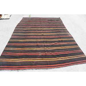 Kilim Vintage <b>Rug</b>, 7.2x10.4 ft Turkish <b>Rug</b>, <b>Black</b> Bordered Wool <b>Rug</b> - Product Image 1