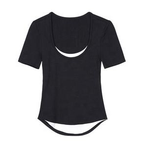 Camisetas Lisas de Manga Corta con Cuello Redondo para Mujer, de Seda/Algodón Dobby Bordado, Ajuste Regular, Sexy, Verano 2025, Venta al por Mayor - Product Image 5
